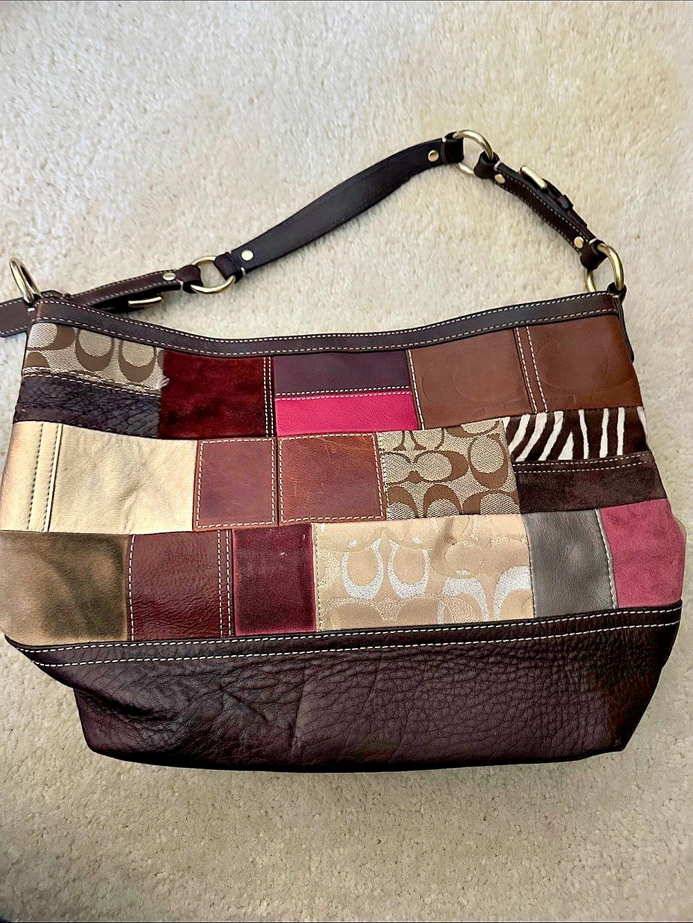Coach Holiday Patchwork Hobo Bag in Brown & Burgundy - Picture 2 of 5